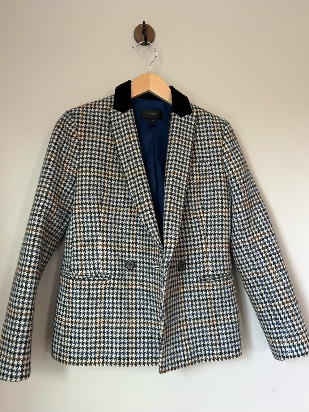 J.Crew Dover Houndstooth Wool Blazer 4P Velvet Collar Navy Brown